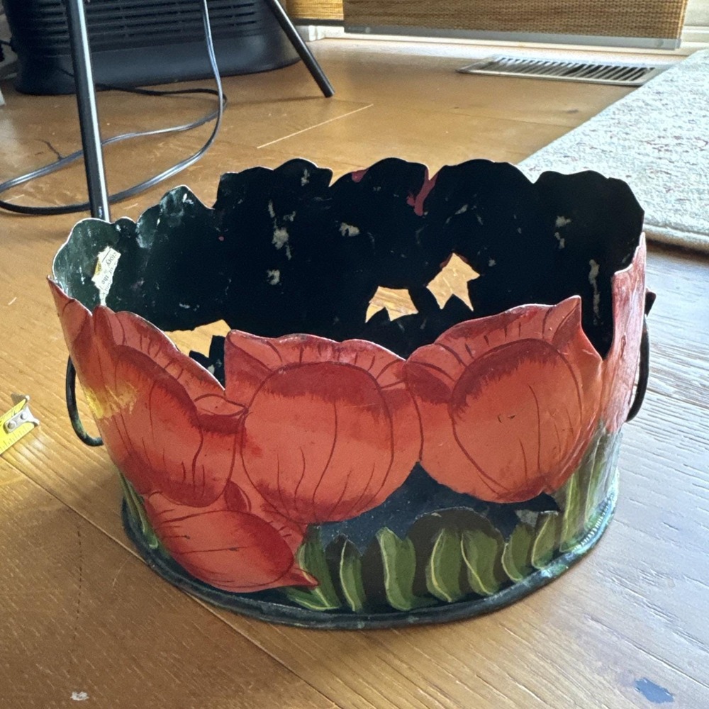 Tole‎ Metal Painted Tulips Planter Container Holder Rustic Basket